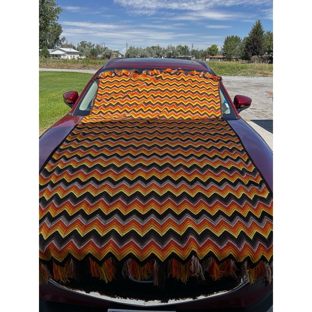 Vintage Crochet Chevron Afghan Throw 48x96 Brown Orange Gold Fringe
